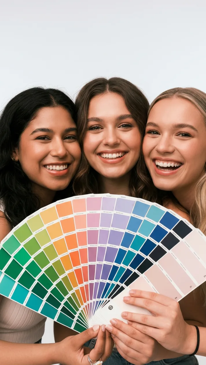 Three women smiling and holding a color-analysis swatch fan