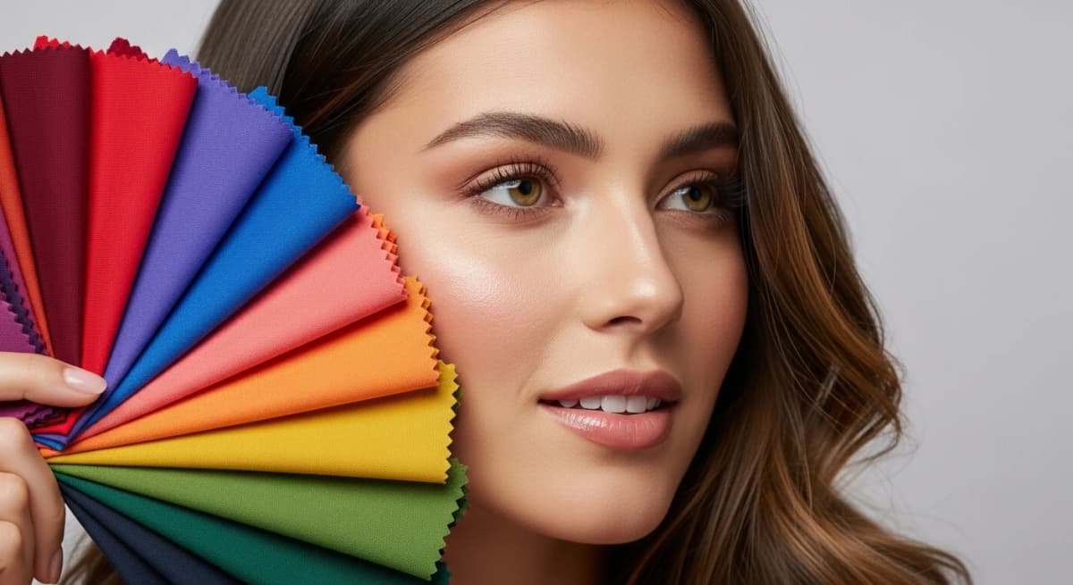 A personalized color palette of flattering shades shown next to a woman, confirming what colors look good on her