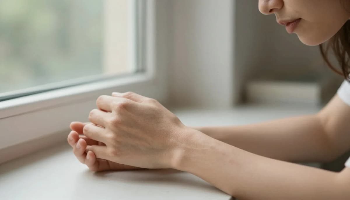Woman checking her inner wrist veins in daylight to find her skin undertone — warm, cool, or neutral