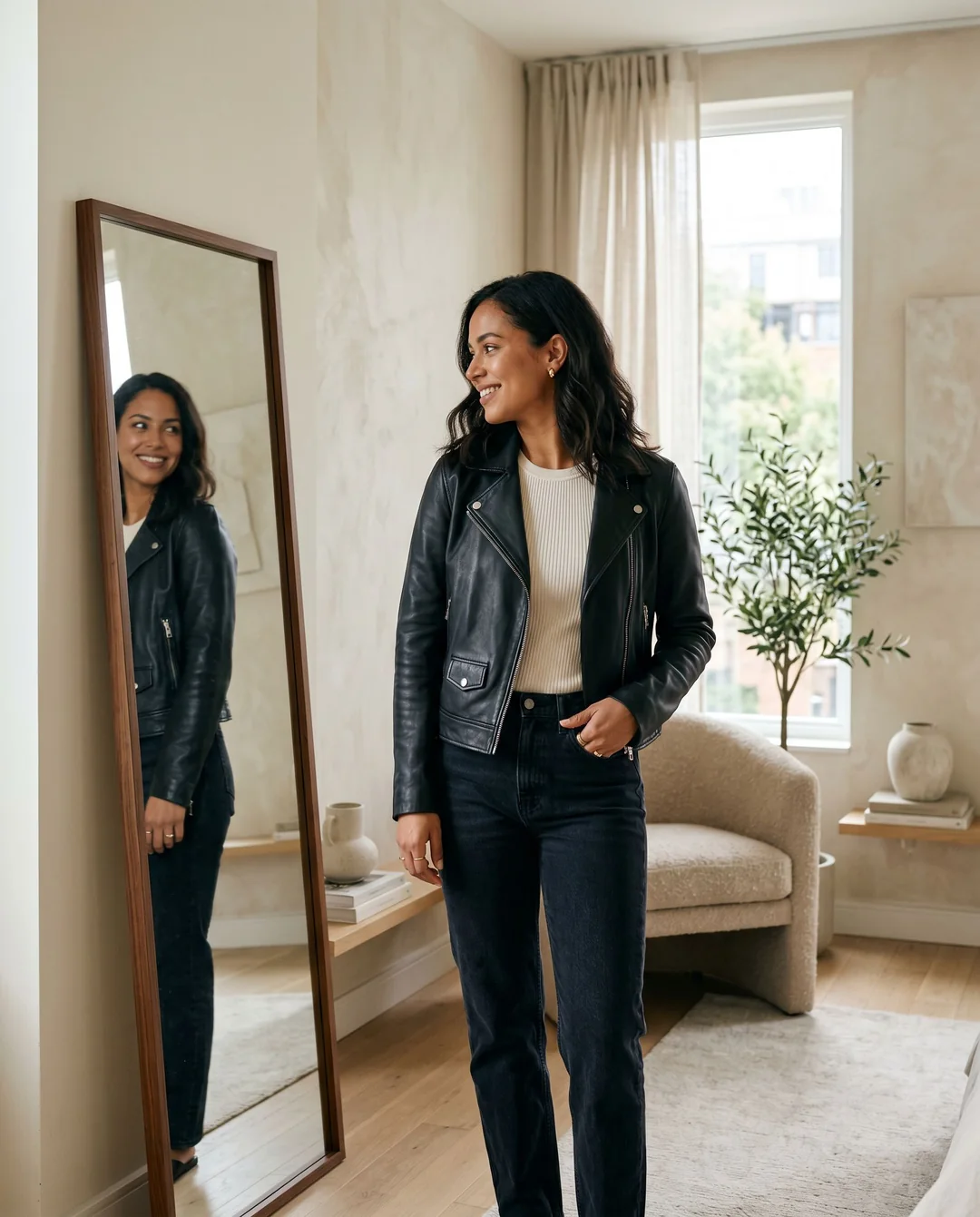 A shopper seeing herself in a leather jacket with AI try-on