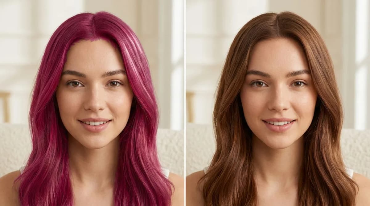 Side-by-side comparison of a generic hair-color filter on a model versus an AI try-on rendered on a real user photo