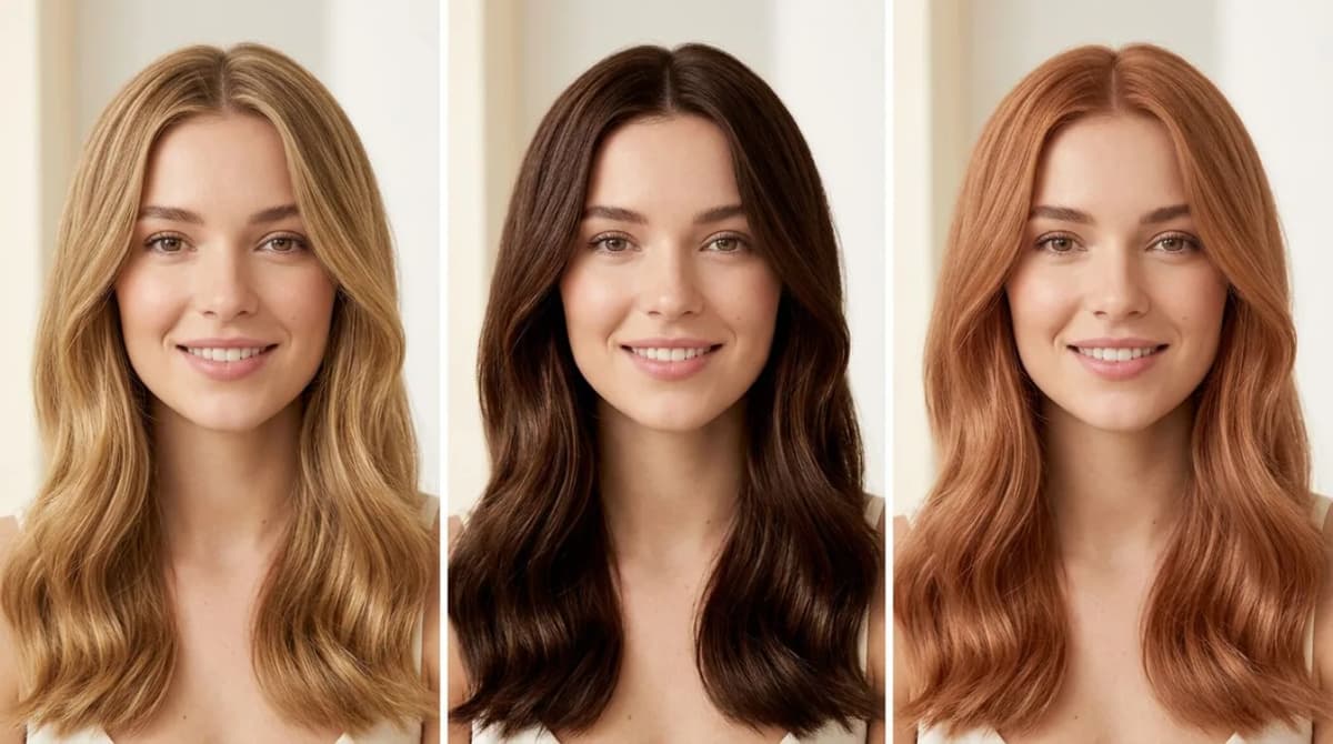 The same woman shown with three virtual hair colors — golden blonde, copper red and espresso brown — in an AI hair color try-on
