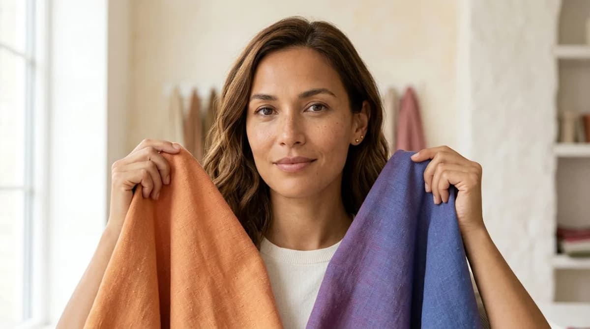 Woman draping warm coral, cool emerald, and dusty rose fabric near her face in daylight to see what colors look good on her