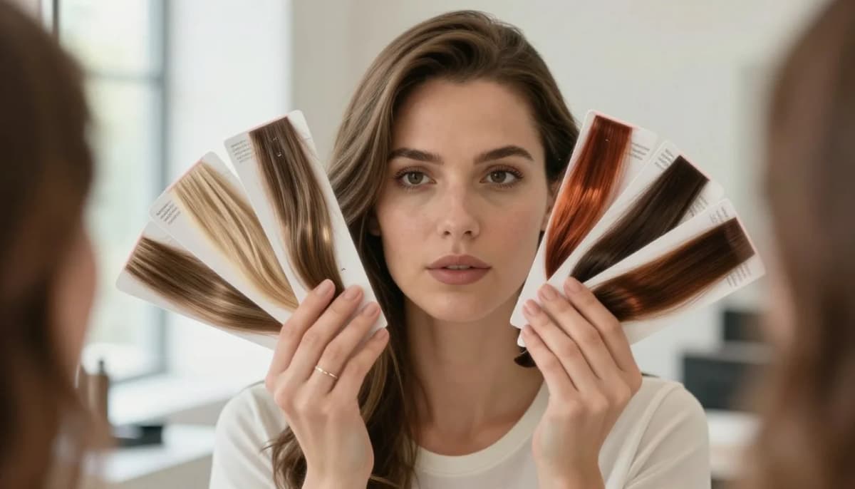 Woman comparing hair color swatch cards next to her face before previewing the shades with a virtual hair color try-on