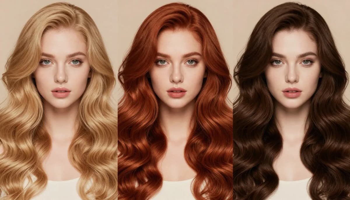 The same woman shown with three different hair colors — golden blonde, copper red, and espresso brown — to see what hair color suits her